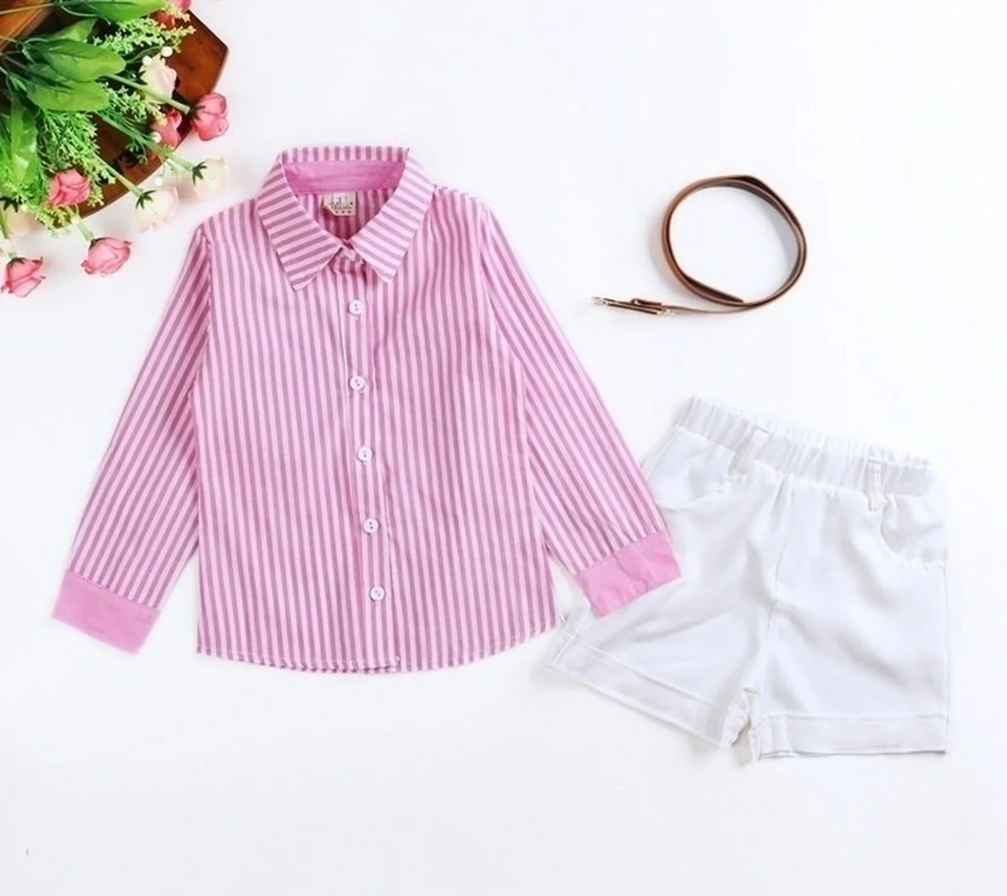 

Children's Set Girls Clothes Striped Shirts Top and White Shorts Clothing