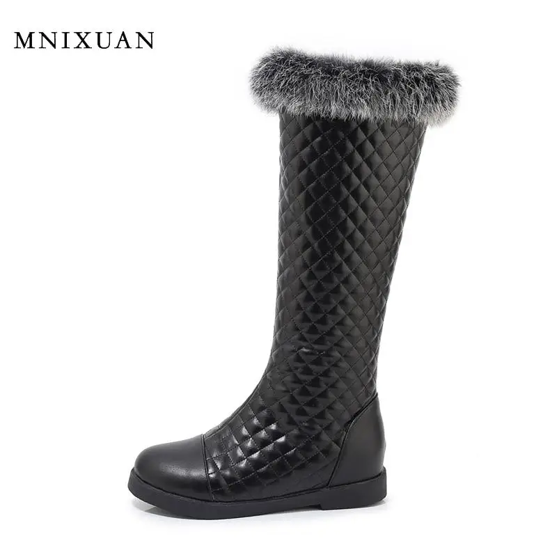 

MNIXUAN Platform Boots Women 2019 winter new round toe flat Increased rabbit fur knee high boots warm snow boots big size 34-43