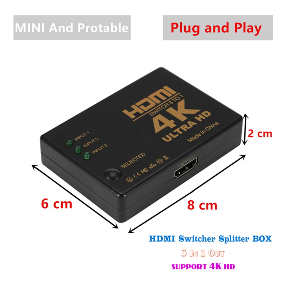 GRWIBEOU HDMI переключатель с пультом дистанционного управления 4K видео коммутатор 3 в