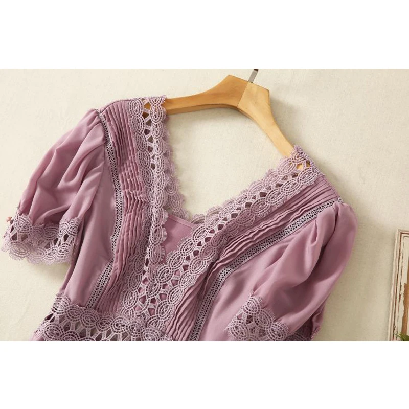 

Designer Fashion Summer Dresses Women Purple White Hollow Out Lace Patchwork Elegant Ladies Slim Dresses