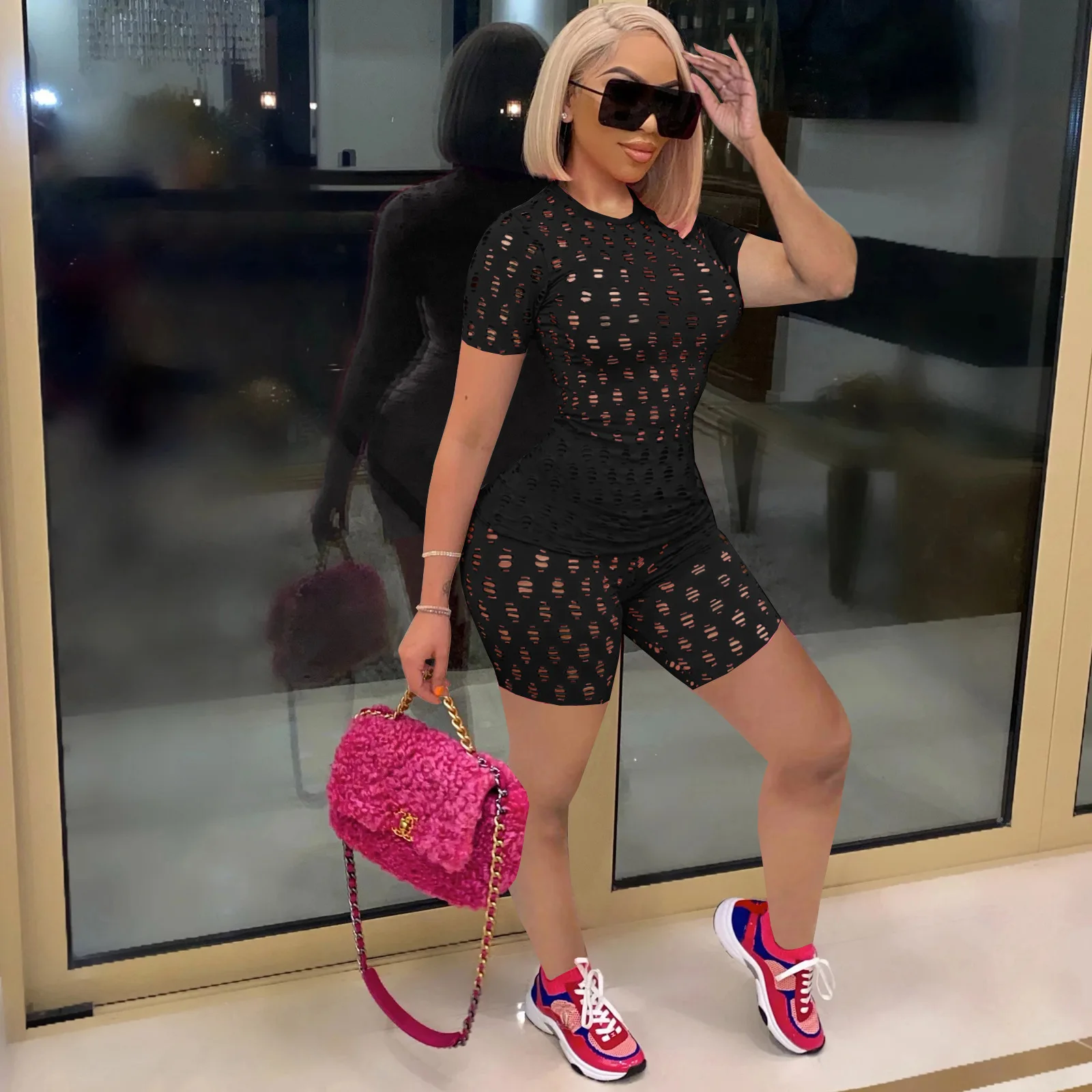 

20201Summer New Two Piece Set Outfits Women Sexy Short Shot Hollow Out T-Shirt Hight Wasit Biker Shorts Matching Set For Party