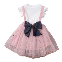2pcsset girls suspender skirt kids solid color tops bow knot net yarn fluffy skirt set daily wear
