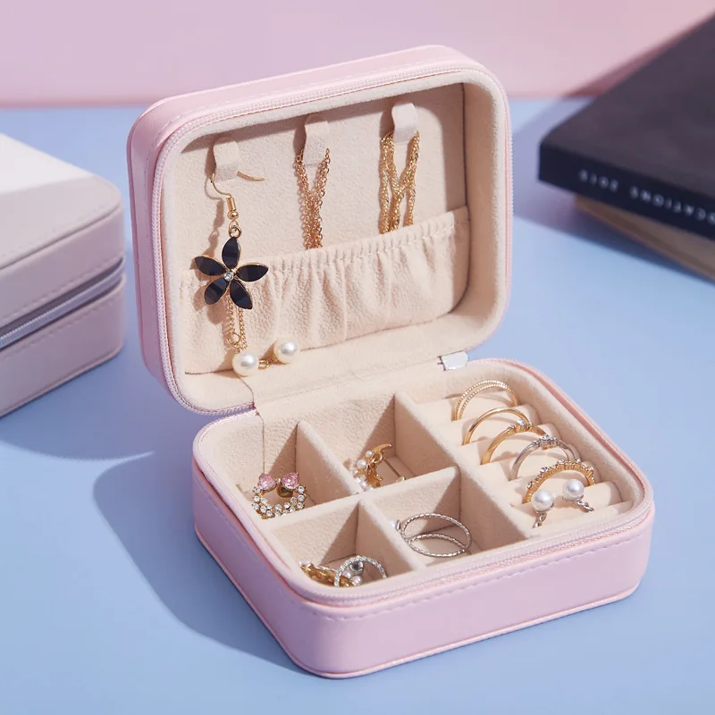 Almacenamiento de joyas port&aacute;til de viaje Simple, caja de almacenamiento de joyas de anillo de cuero PU, pendientes, Boda nupcial, fiesta, aniversario, caja de regalo-1