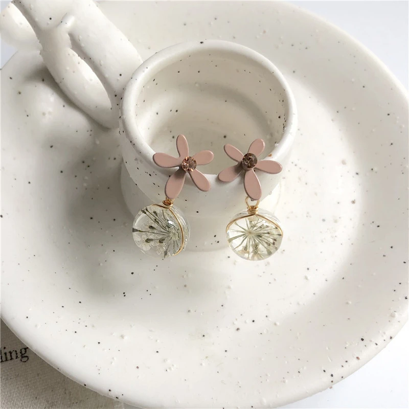 Милые розовые серьги капельки из смолы с лепестками цветов корейские милые