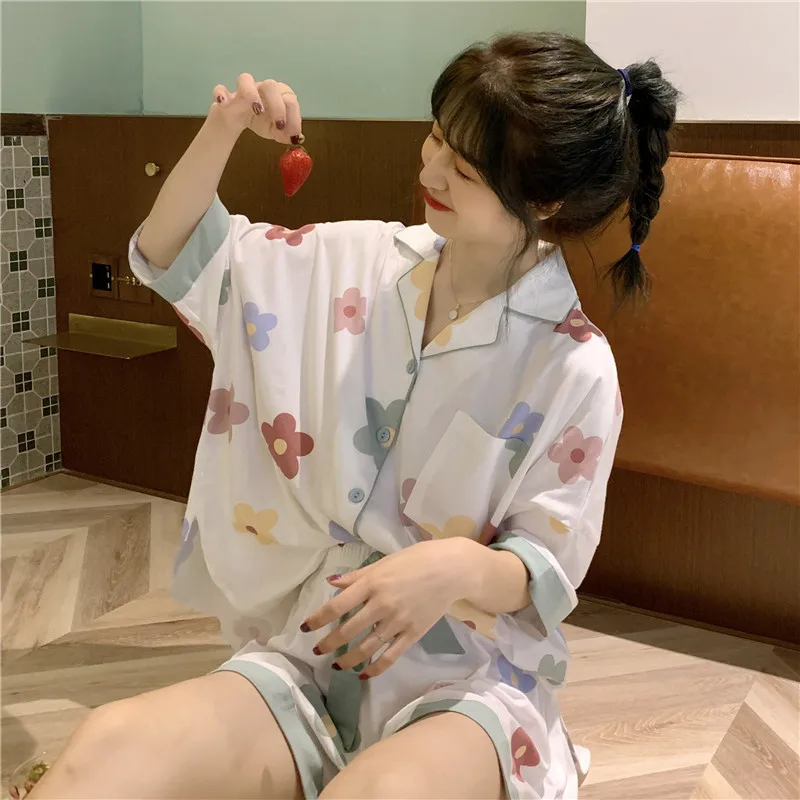 CAIYIER Sweet Nightwear Suit Summer Women Pajamas Turn-down Collar Short-sleeved Sleepwear Korean Girl Floral Print Home Wear