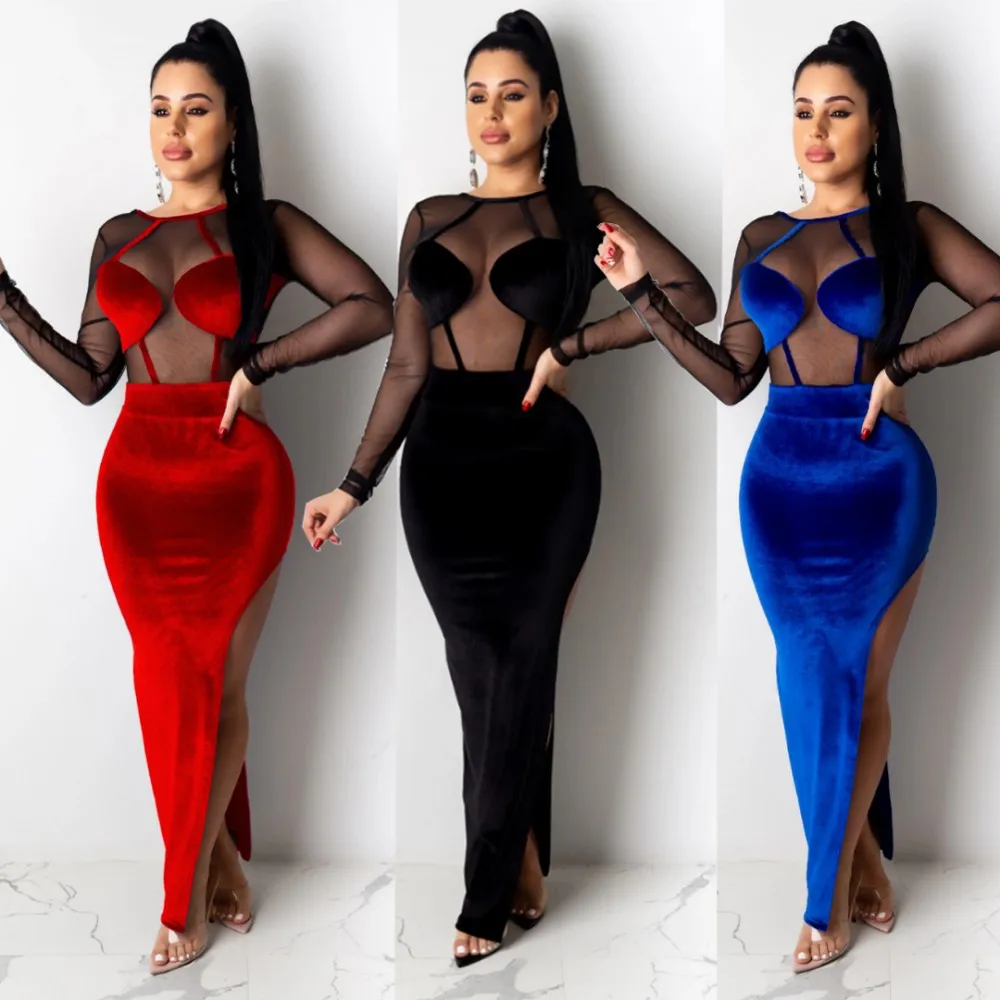 Women 2020 Spring Winter Long Maxi Dress Mesh Patchwork Full Sleeve Velvet Sexy Night Club Party Bandage Bodycon Dresses | Женская