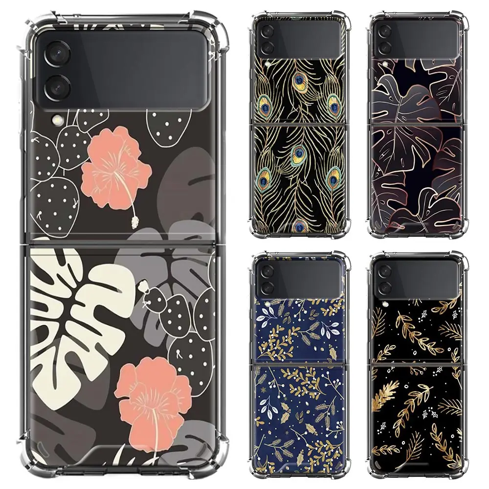 

AirBag Clear Soft Case For Samsung Galaxy Z Flip 3 Shockproof Bumper Phone Cover ZFlip3 5G Luxury Shell Plant Leaves Fundas Capa