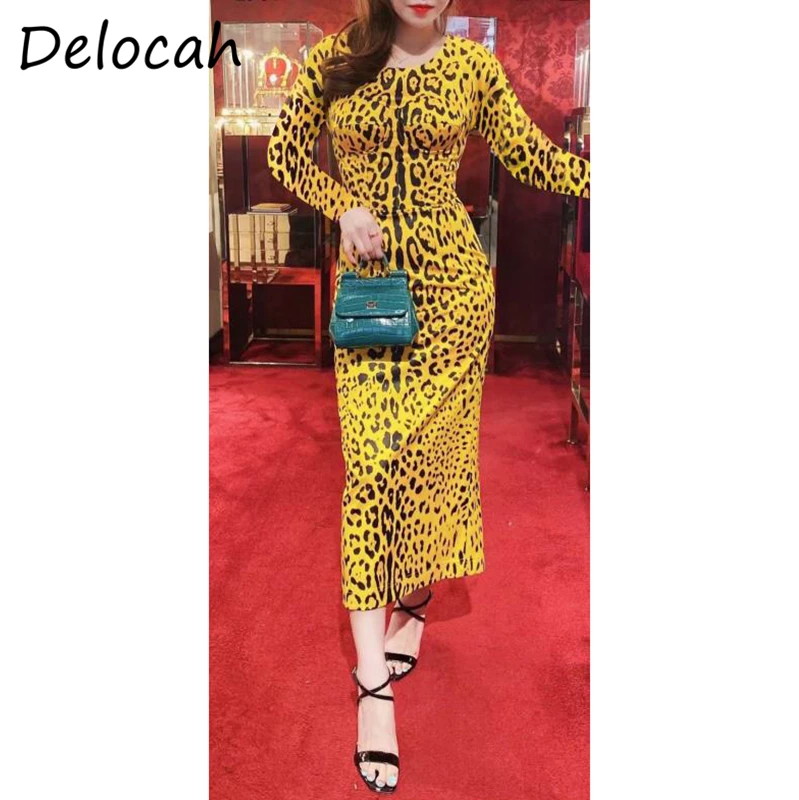 

Delocah New 2021 Winter Women Fashion Runway Midi Dress Long Sleeve Elegant Ladies Leopard Print Velvet Pencil Dresses Vestidos