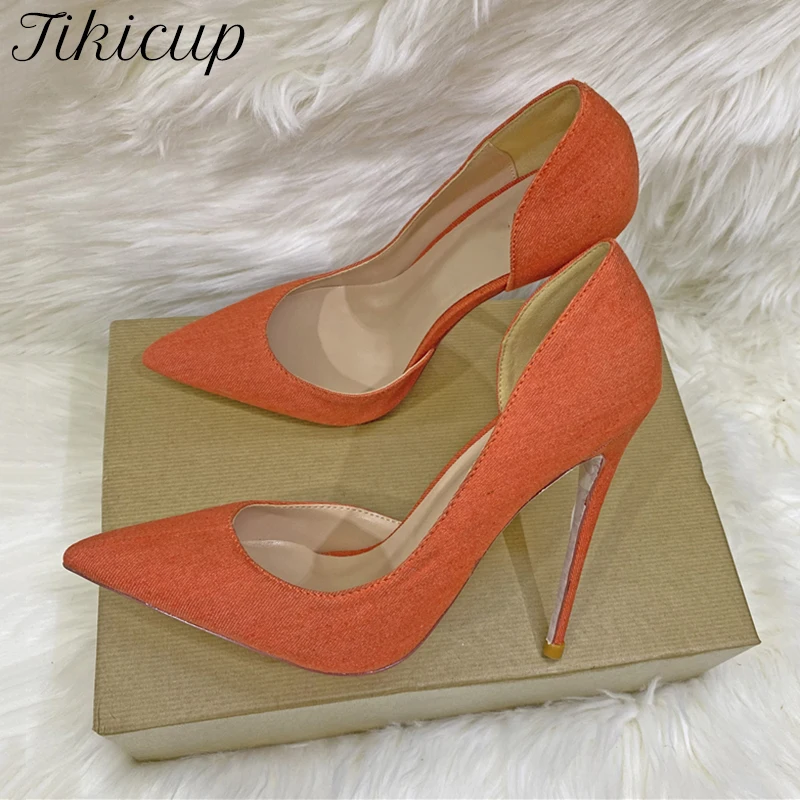 

Tikicup Women Denim Pointy Toe High Heel Shoes 8cm 10cm 12cm Elegant Ladies D'Orsay Stiletto Pumps Plain Orange Blue Size 33-45