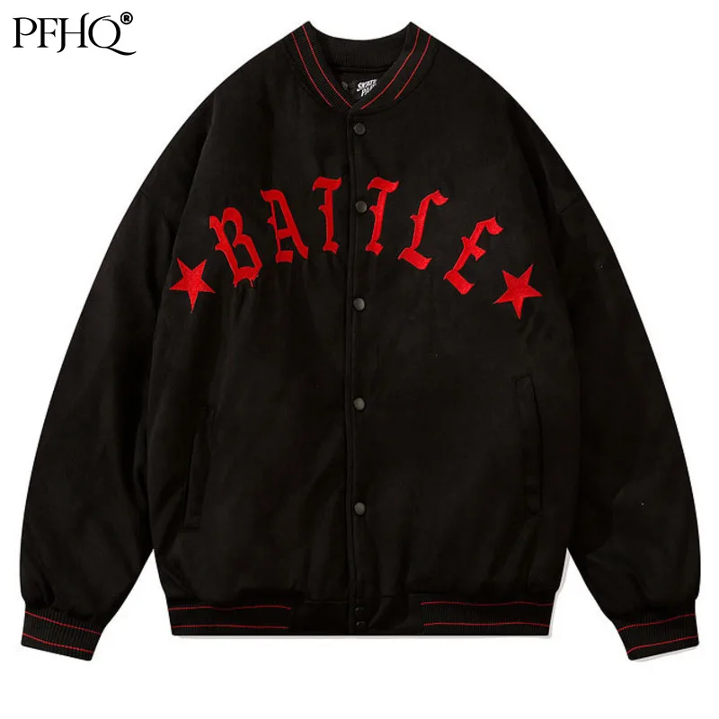 

PFHQ 2021 Original High Street Retro Letter Embroidery Baseball Uniform Jacket Men And Women Drop Shoulder Sleeve Quilted Coat
