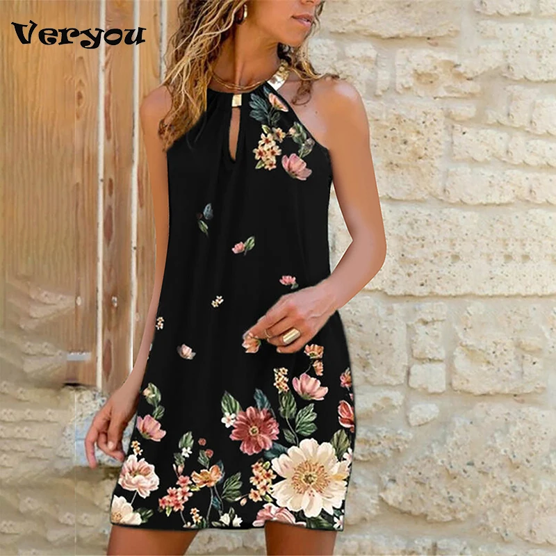 Женское летнее свободное мини-платье с принтом повседневное винтажное платье