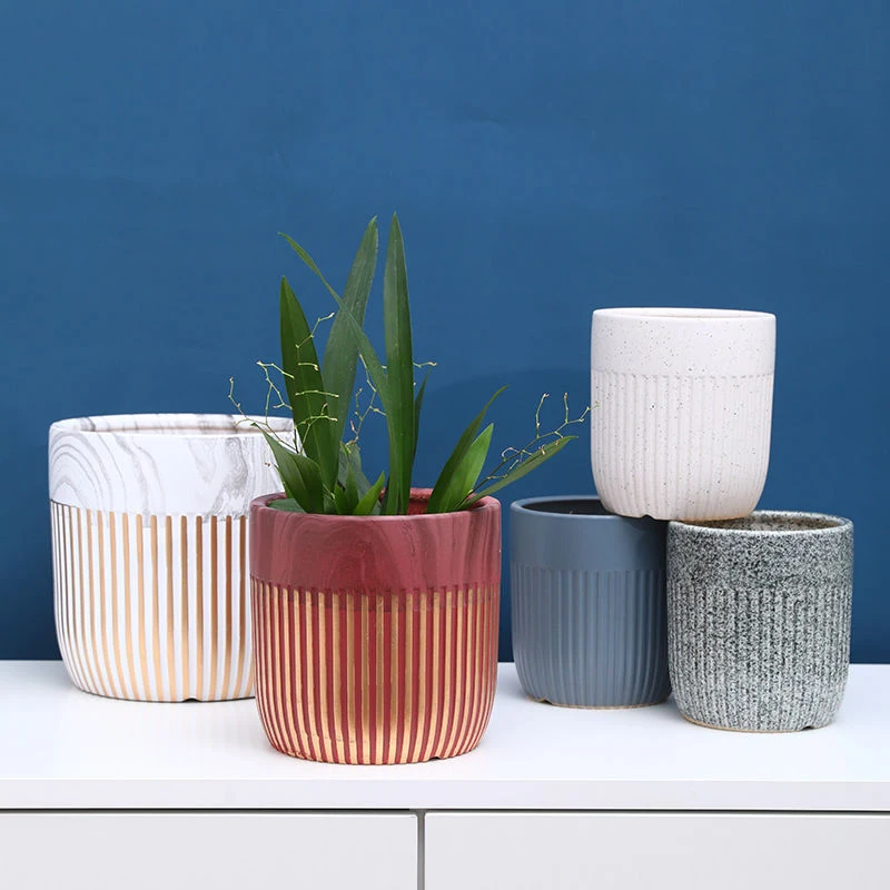 

European Ins Modern Simple Striped Ceramic Flower Pot Light Luxury Creative Green Plant Desktop Potted Home Balcony Decoration