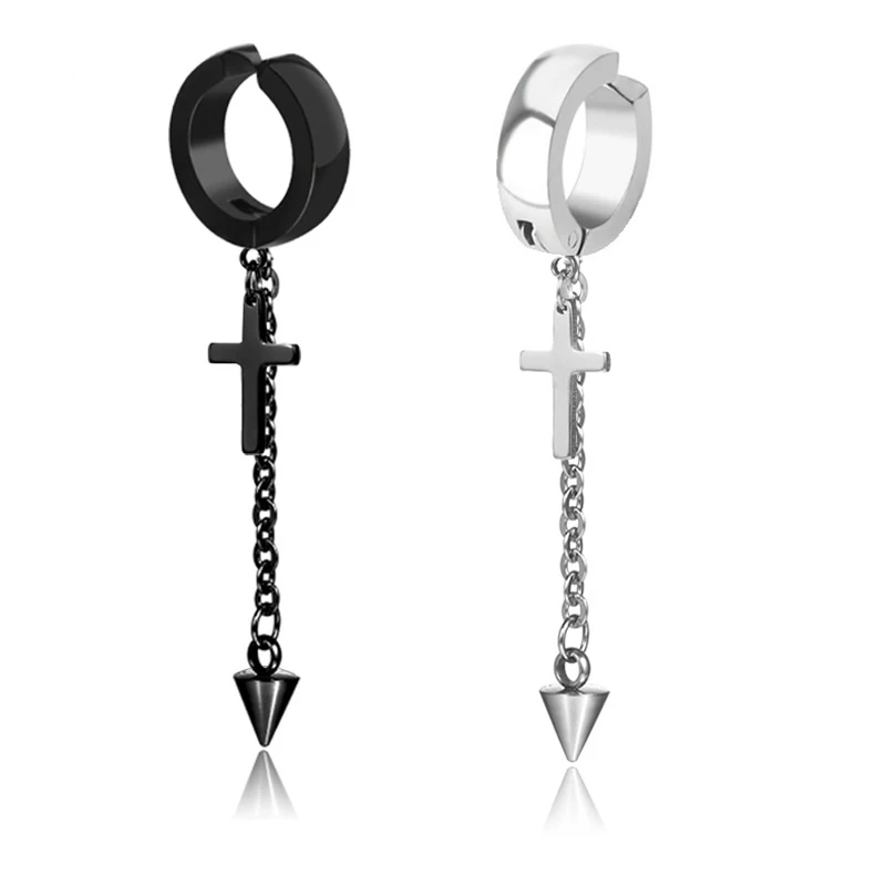 Мужские серьги в стиле панк серебристые/черные из нержавеющей стали крест