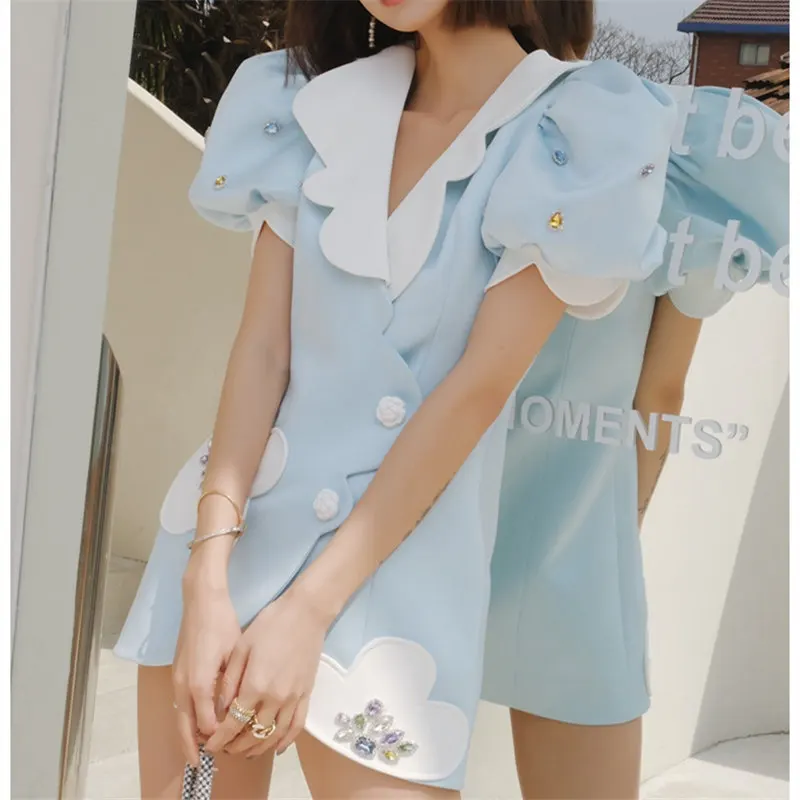

Retro Blue Dress For Women Lapel Puff Short Sleeve High Waist Patchwork Mini Dresses Females Summer New Vestidos Mujer