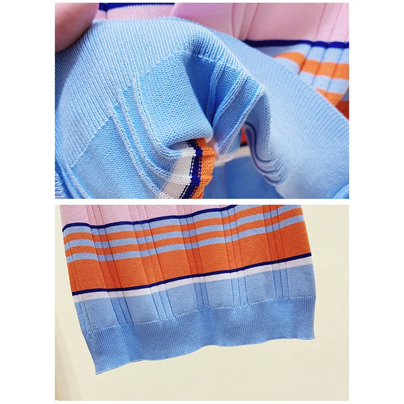 

LJSXLS Summer O-Neck Striped Knitted Sweater Women 2021 Short Sleeve Beading Sweaters Pullovers Korean Jumper Tops Pull Femme