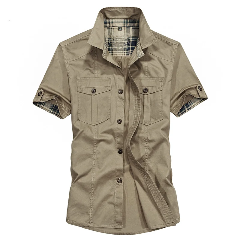 

Summer Chemise Homme Short Sleeve Cargo Shirt Men Casual Plaid Lining Chest Pockets Mens Cotton Military Shirts Camisa Masculina