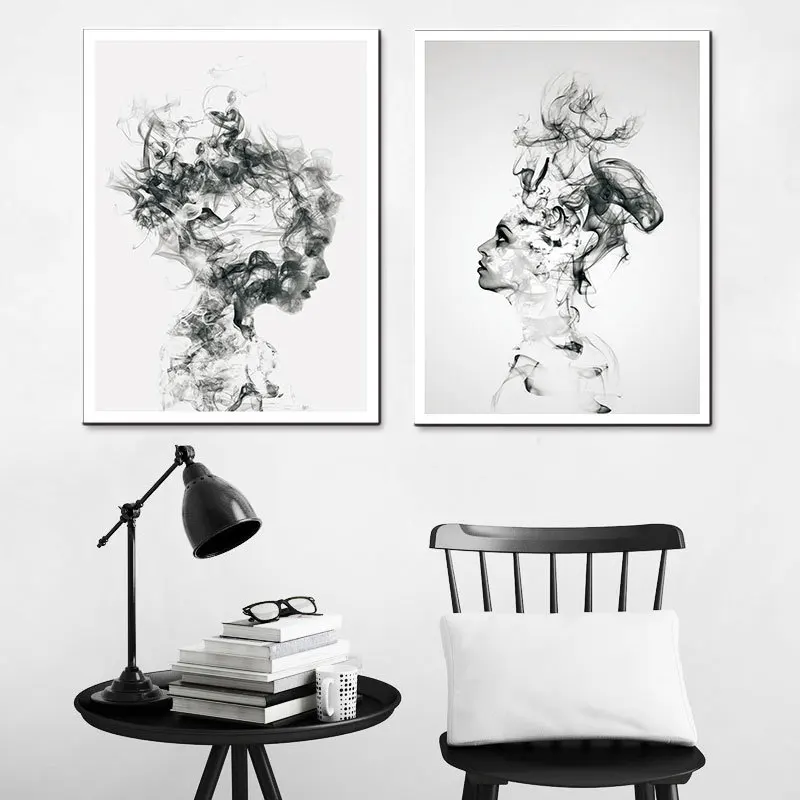 

Canvas Painting Abstract Smoked Boy And Girl Hanging Scroll Unframed Wall Art Canvas Home Decoration Accessories Modern