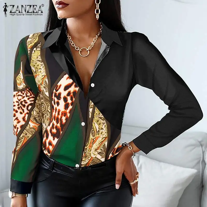 

Офисная Модная тонкая рубашка для отдыха 2022 ZANZEA Осенняя женская блузка с длинным рукавом с лацканами с принтом пуговицы спереди мешковатые ...