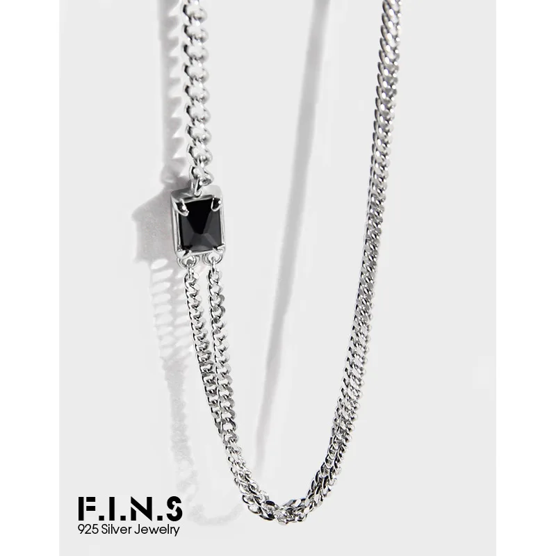 

F.I.N.S Асимметричная кубинская цепь Аутентичное Стерлинговое Серебро 925 Ожерелье Винтаж Ретро Старый черный циркон цепочка до ключиц ювелирн...