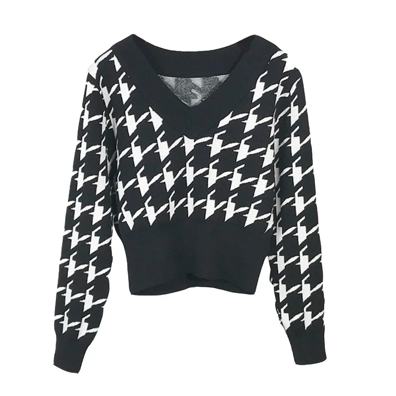 

Fashion Women Sweater Casual Long-Sleeved Knitwear Autumn Plaid Sweater Top Houndstooth V-neck Pullover Short Style Top
