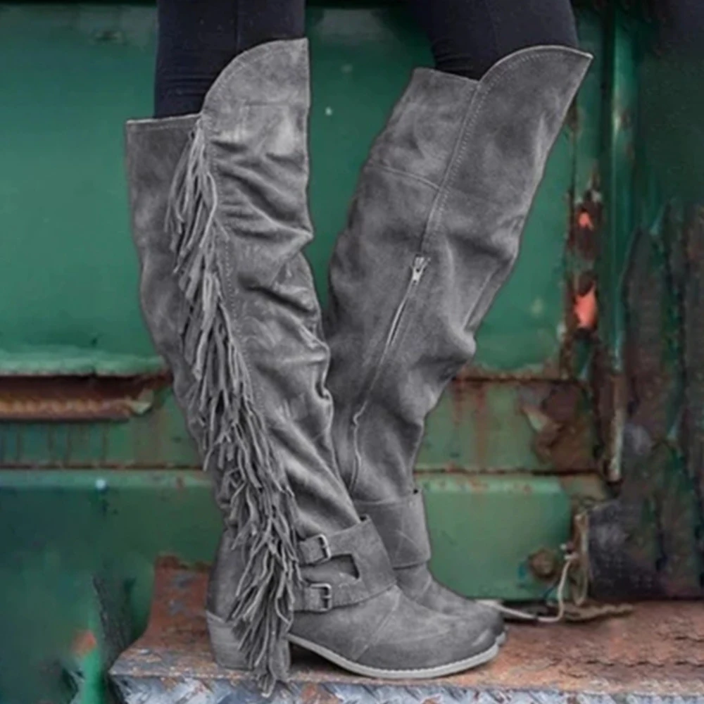 

New 2020 Women Long Boots Fashion Tassel High Heels Knee High Boots Slip-On Long Spring Autumn Boots Thigh High Flat Boots