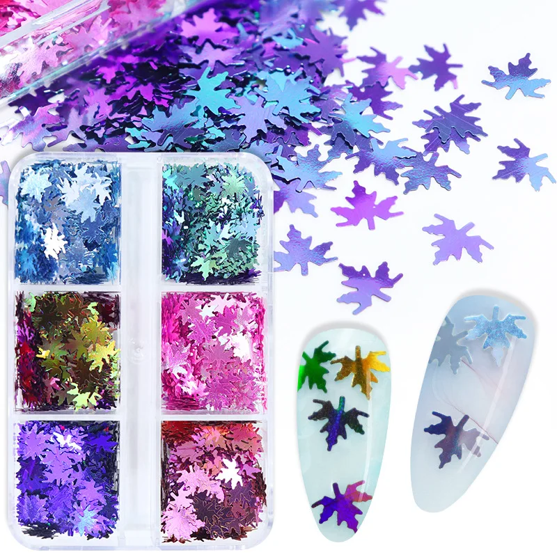 

6 Grids Holographic Nail Art Glitter Sequins Laser Slices Maple Leaf Paillette Flakes DIY Manicure 3D Nail Decorations Tools