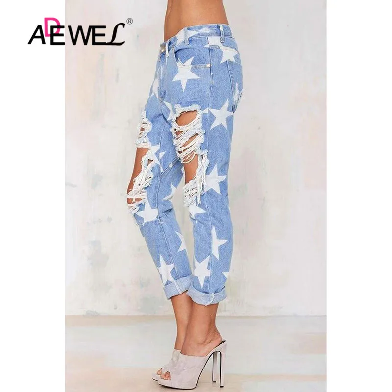 Женские рваные джинсы-бойфренды ADEWEL Синие джинсы с пятиконечной звездой