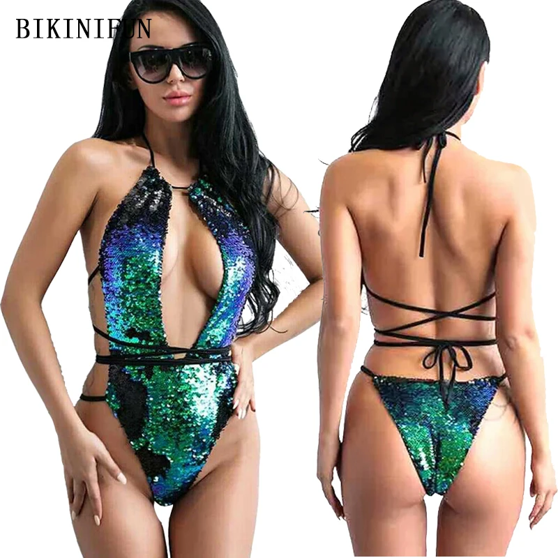 

New Sequins Gradient Swimsuit Women One Piece Suit Backless Halter Monokini S-XL Strappy Bandage Swimwear Luxury Bathing Suit