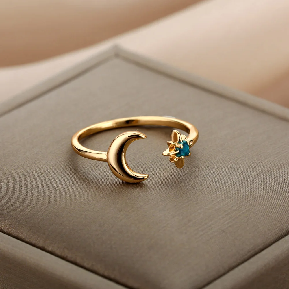 Zircon Moon Rings For Women Stainless Steel Glowing Moon Star Adjustable Finger Ring Aesthetic Jewelery Gift bague femme