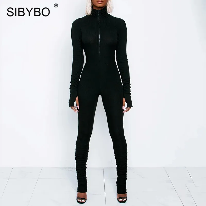 Женский облегающий повседневный комбинезон Sibybo черный спортивный с длинным