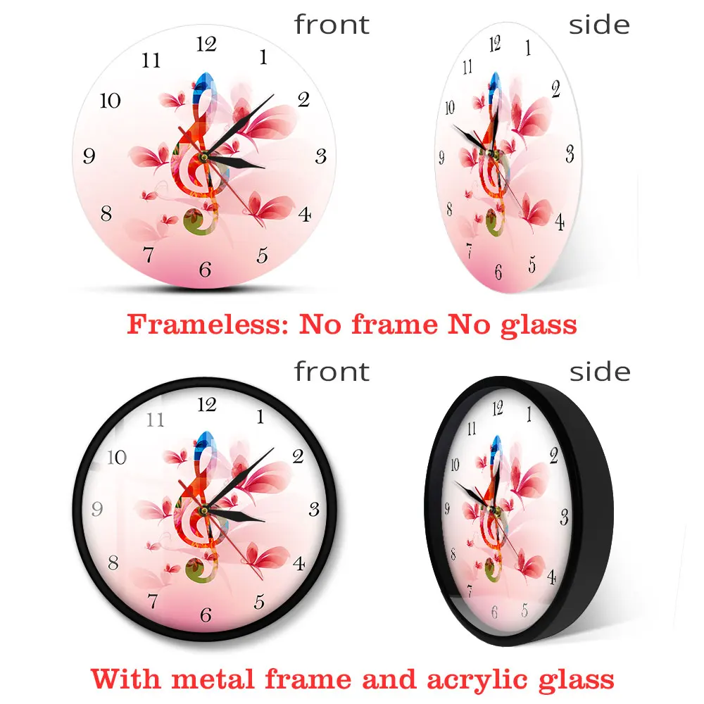 Colorful Music Note with Butterflies Floral Wall Clock Treble Clef Musical Printed Round Studio Art | Дом и сад