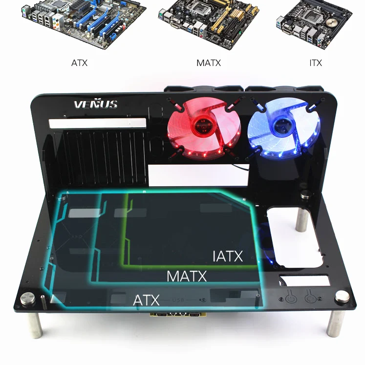 KOOLASON DIY Настольная акриловая стойка водяное охлаждение ATX MATX Прозрачный чехол для компьютера с башнями горизонтальная Основная коробка шасси