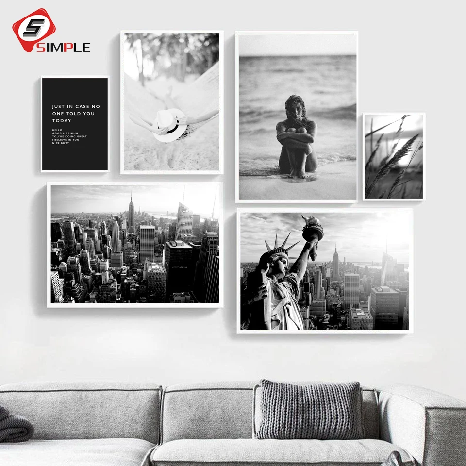 Черно белая Картина на холсте пейзаж мира Нью Йорк Постер для серфинга пляжа