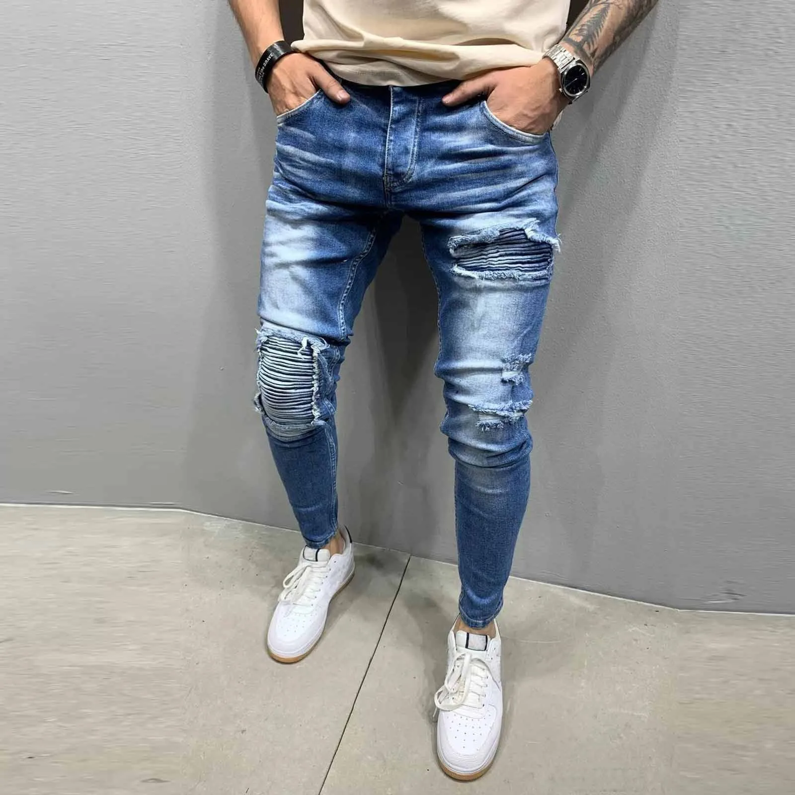 Fashion Men High Waist Zipper Casual Slim Denim Ripped Hole Vintage Stretch Hip Hop Trousers Skinny Jeans Pants Large Size#35 | Мужская