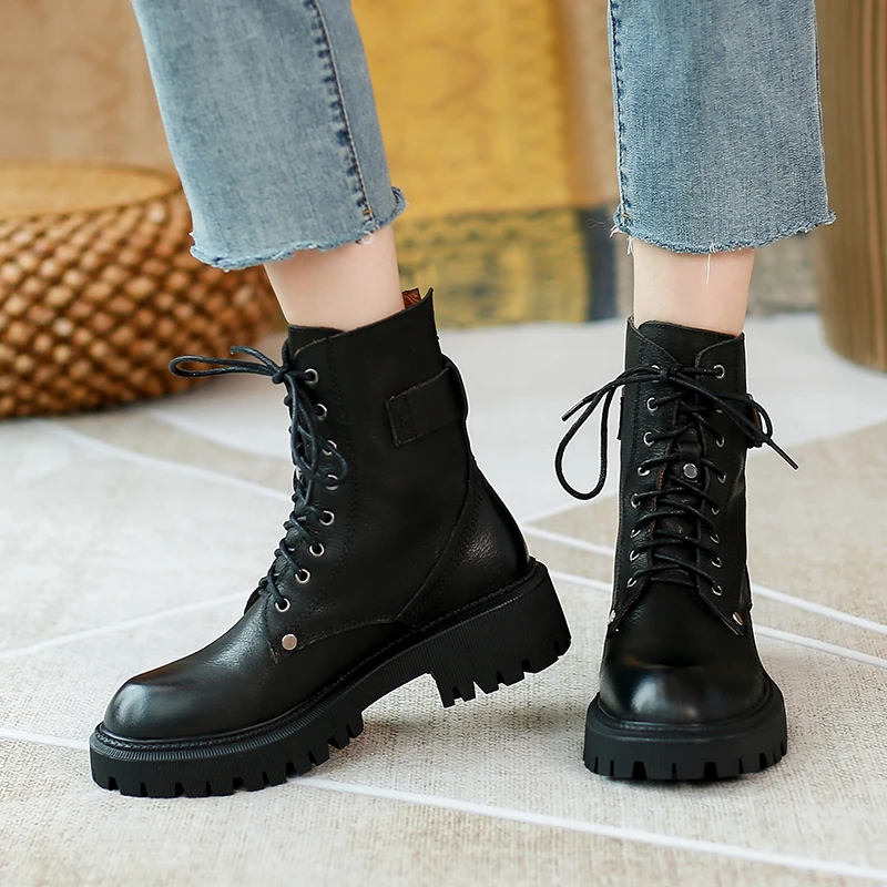 Jual Sepatu Bot Musim Dingin Wanita Kulit Asli 2021 Baru Bersol Tebal Wol Hangat Wanita Sepatu Bot Pendek Tabung Tebal Tumit Martin Sepatu Wanita