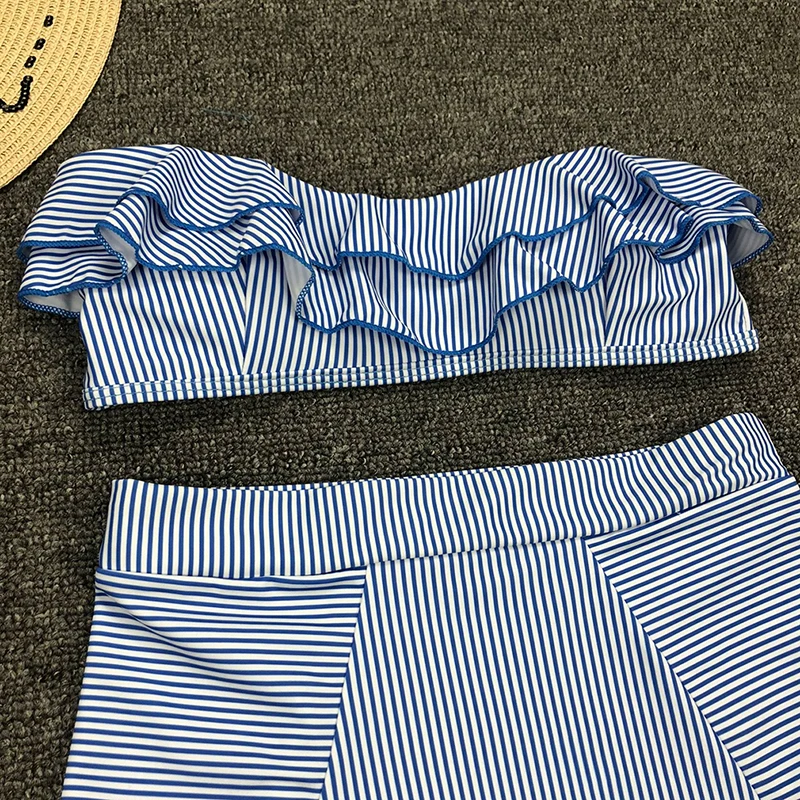 

BONJEAN Striped Bikini Set for Women 2020 Summer Beachwear Ruffles Decoration Swimwear Sexy Two Pieces Swimsuit Bikinis BJ2829