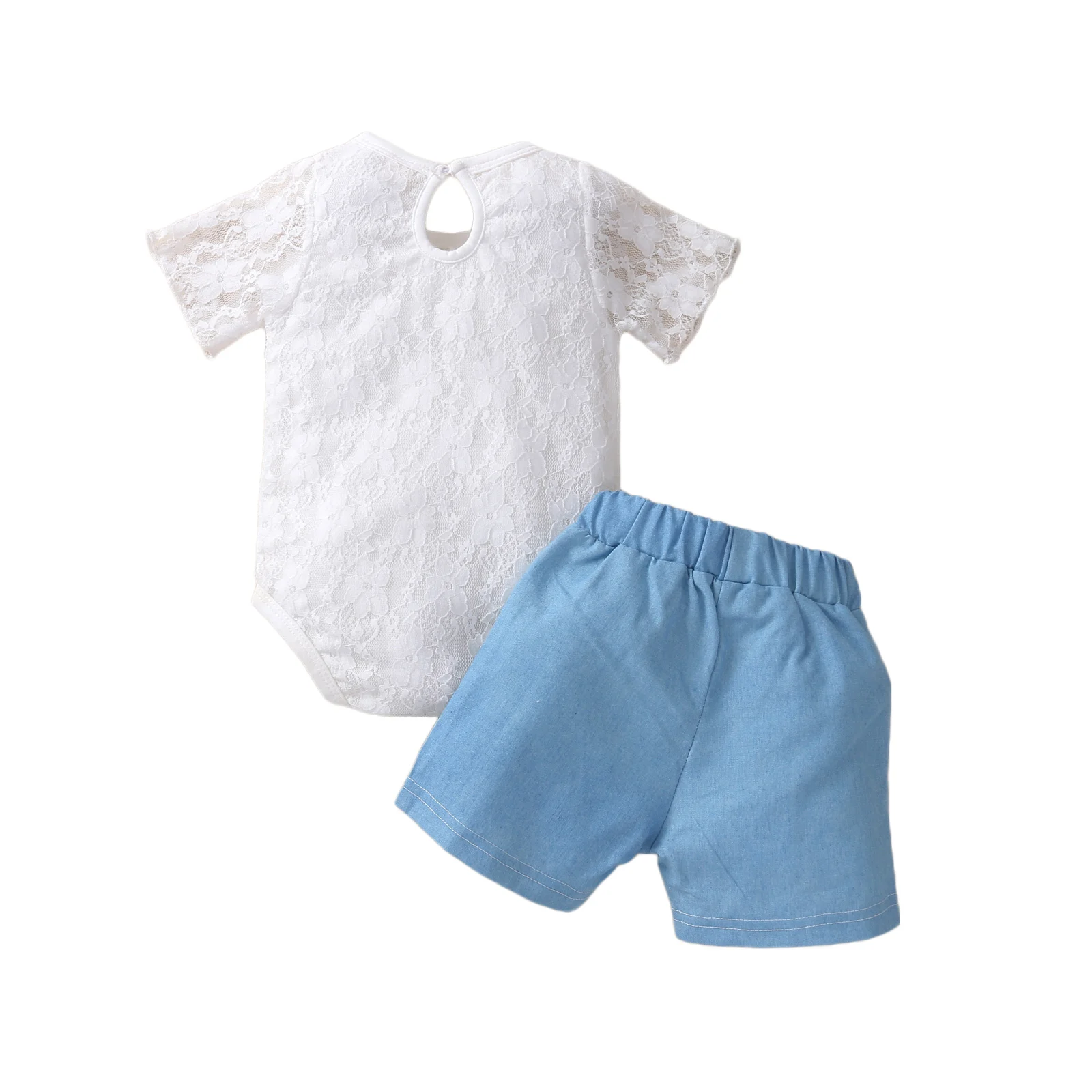 

2021 New Summer 0-24M Baby Girl 2Pcs Set Lace Floral Short Sleeve Bodysuit+Blue Lace Decorate Shorts Infant Outfit Clothes