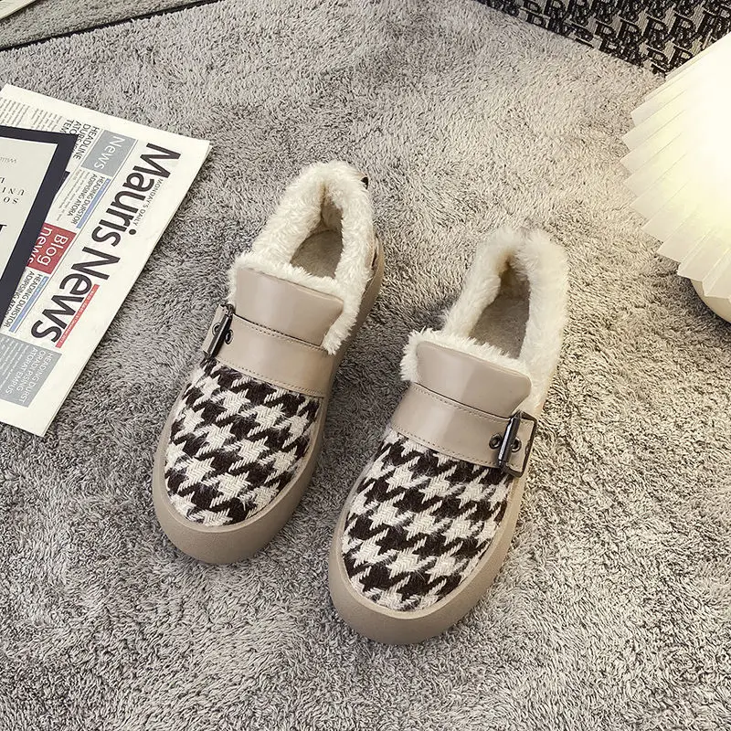 

Lisapie Winter New Thick-Soled Pull-On Plus Velvet Warm Cotton Shoes Korean Version Houndstooth Casual Shoes Women Peas Shoes