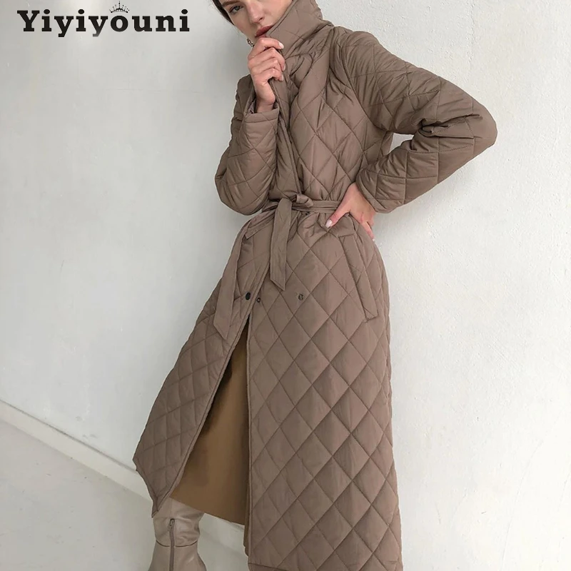 

Yiyiyouni Thickened Cotton Liner Autumn Winter Jacket Women Argyle Long Padded Parkas Female Slim Fit Belted Coats Windbreakers