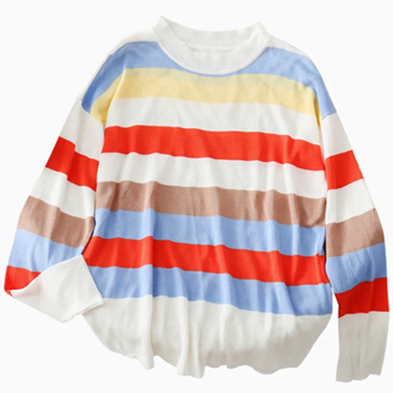 

UVRCOS 2021 Autumn New Knitted Top Thin Long Sleeve Female Student Korean Loose and Versatile Color Striped Bottom Coat