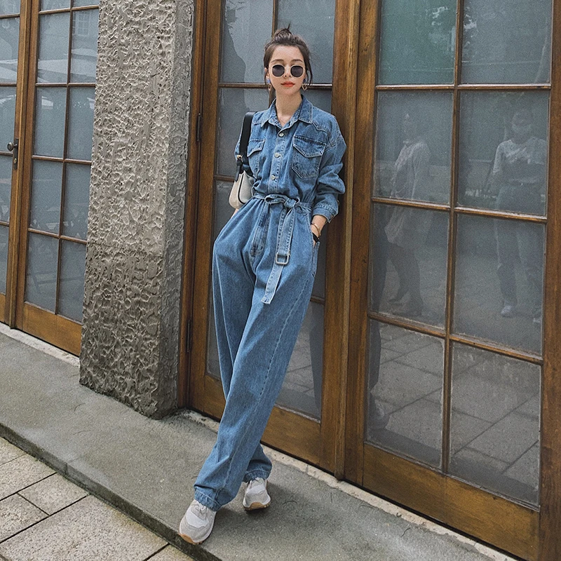 

Brand New Vogue Korean Style Women Jumpsuit Denim with Belt Lady Outerwear Spring Autumn Female Clothes Long Loose Blue Cotton