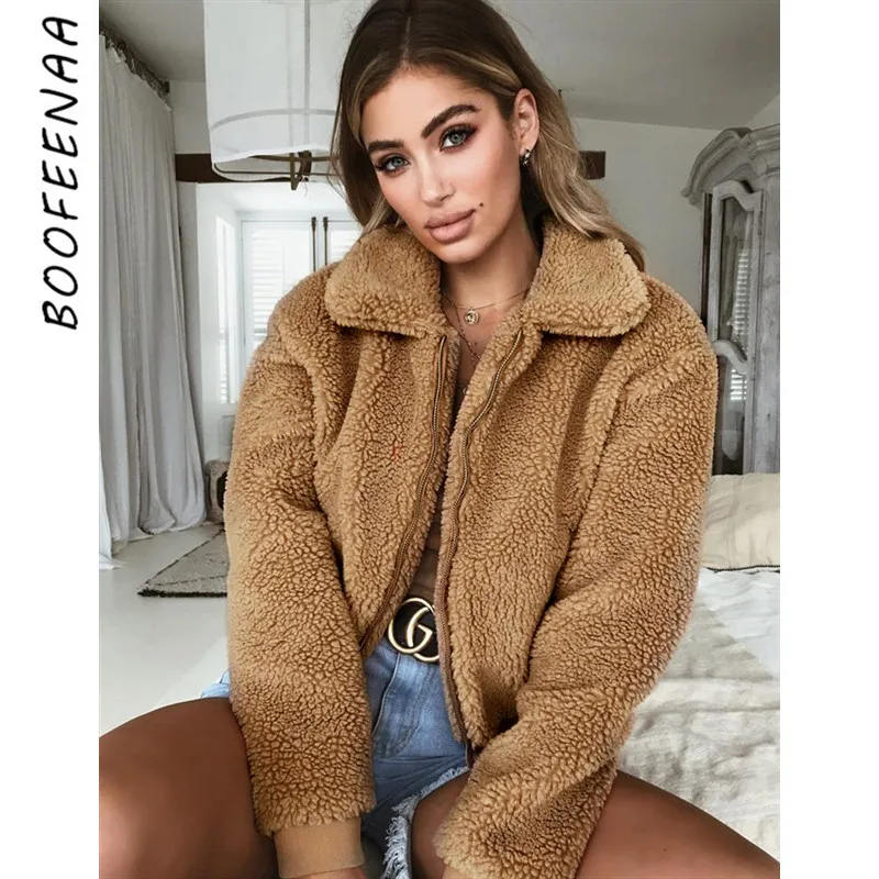Женское теплое шерстяное пальто BOOFEENAA модная флисовая куртка на молнии с