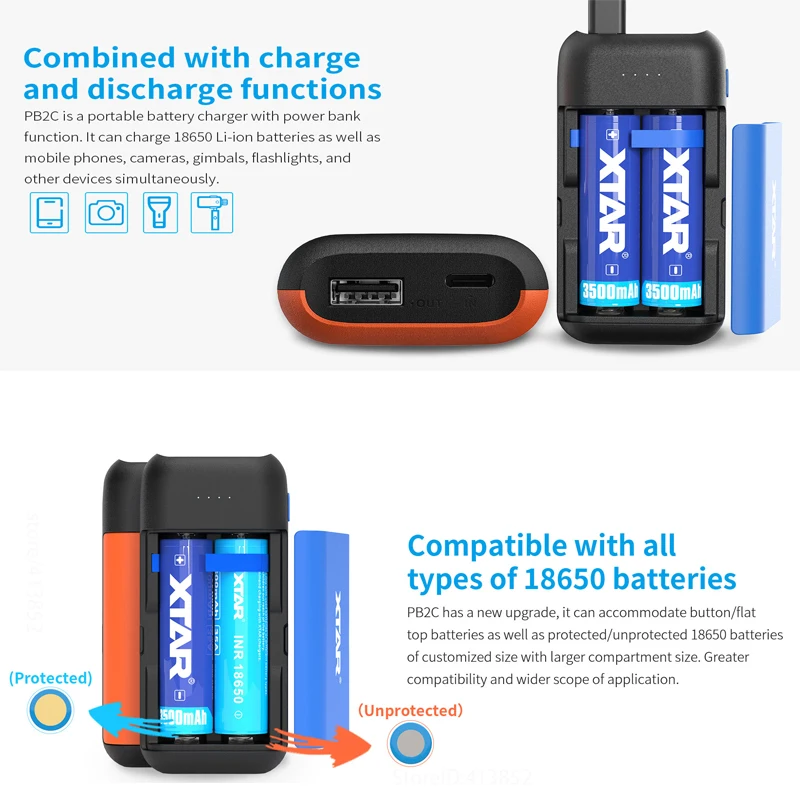 xtar charger battery 18650 powerbank pb2c type c powered 5v2 1a input black blue charger for rechargeable battery 18650 charger free global shipping