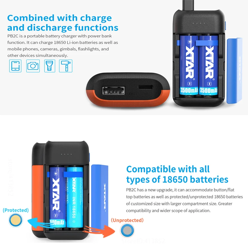 Зарядное устройство XTAR 18650 внешний аккумулятор PB2C Type-C 5 В А вход черный синий |