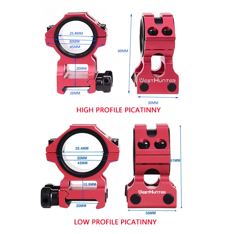 WESTHUNTER Universal Tactical Rifle Scope Mounts 25.4MM/30MM Dual Rings Full CNC Process Picatinny 20mm Optical Sights Mounts