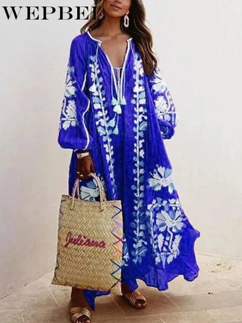 

WEPBEL Women Autumn Loose Dress Casual Ladies Long Sleeve V Neck Print Long Dress Plus Size