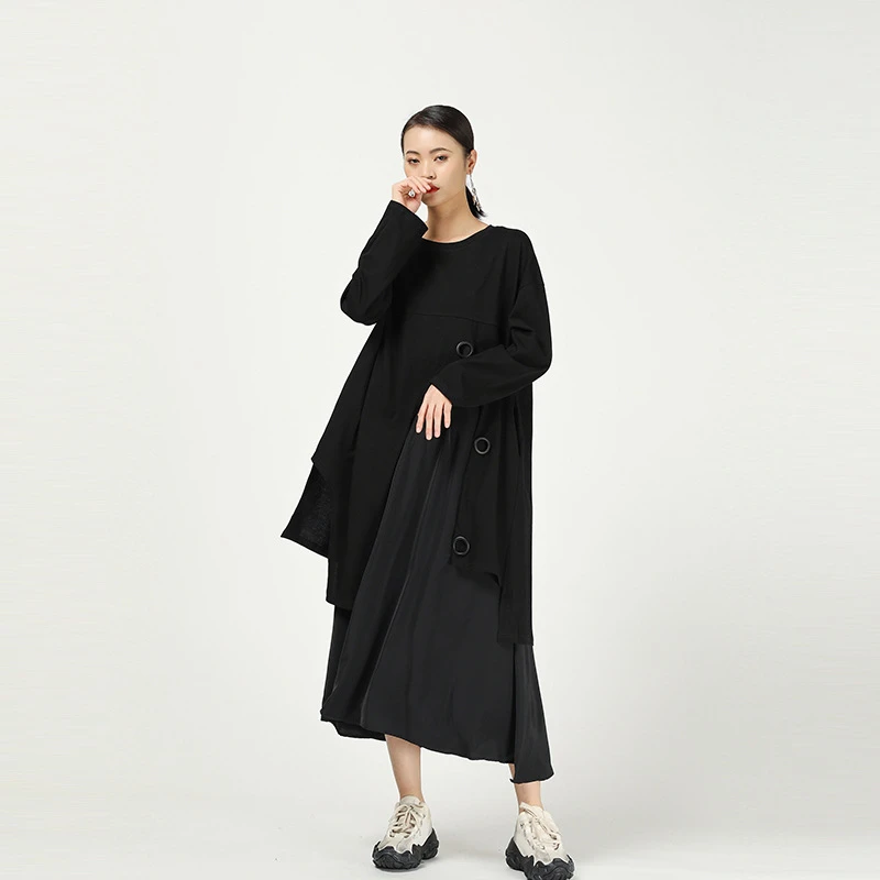 CHICEVER Korean Patchwork Hollow Out Women's Dress O Neck Long Sleeve Oversize Loose Irregular Midi Female 2020 Fashion | Женская