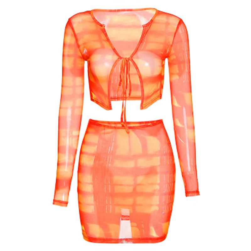 Соблазнительная сетчатая прозрачная одежда из 2 предметов короткий топ с длинным