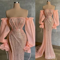 2021 shinny sequined evening gowns floor length women high split prom dresses long sleeves custom made formal celebrity dress