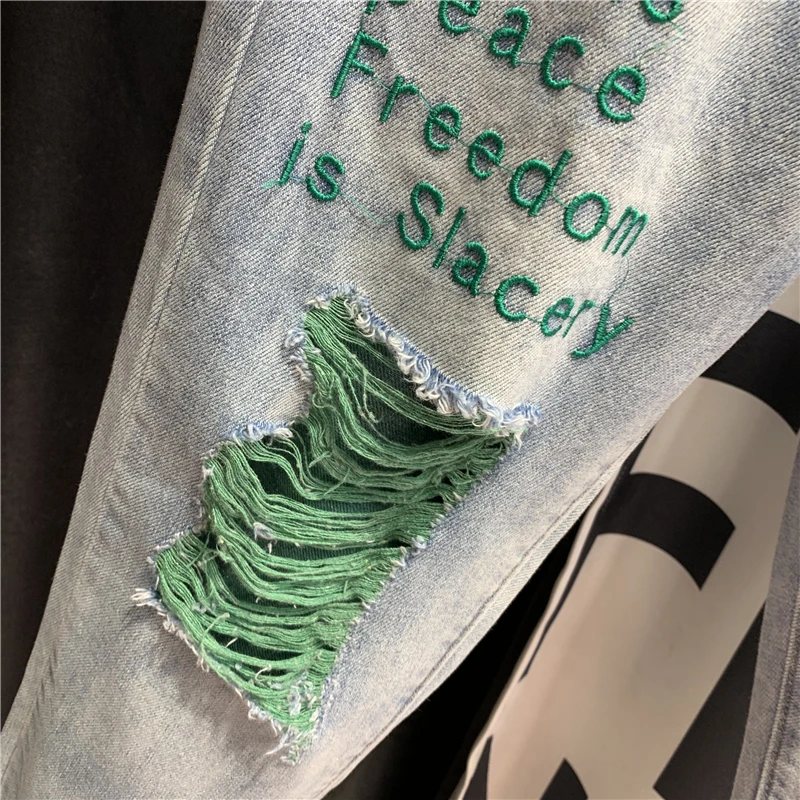 

Chic Summer Jeans Women Ankle Length Denim Pants High Street Ripped Hole High Waist Loose Fit Hip Hop Harem Pants Green S-XL